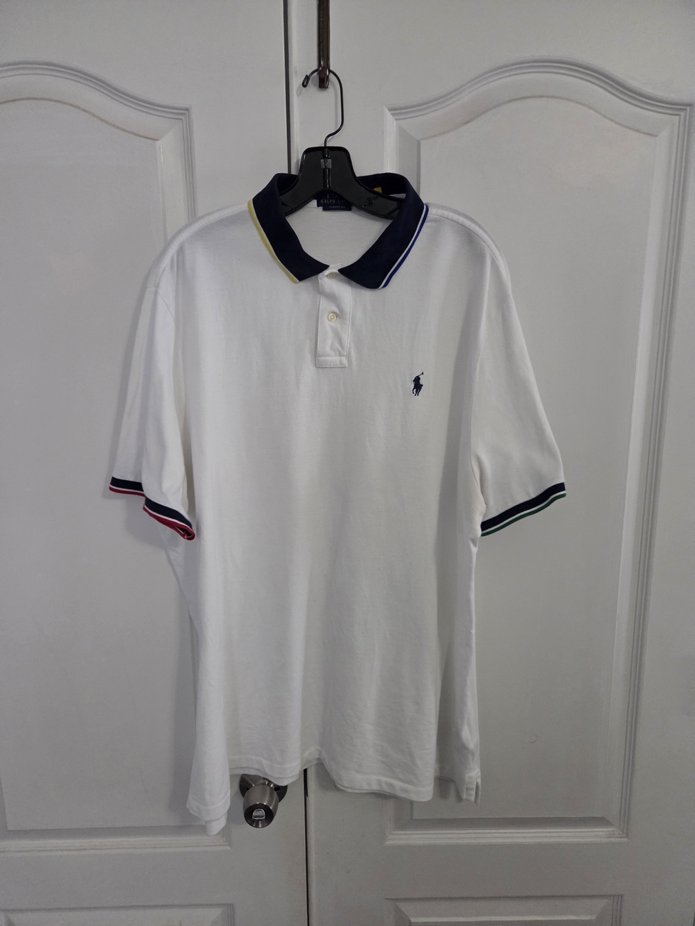 Polo by Ralph Lauren White Polo with Navy Collar and Multi-Trim